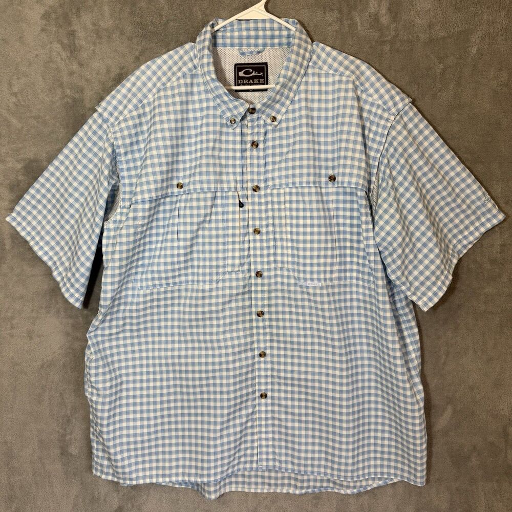 Drake Waterfowl Systems Fishing Shirt Men 2XL Blue Vented Button Down SS PFG Sun
